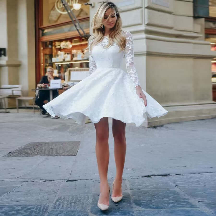 Short Wedding Dress Long Sleeve Lace A-Line-Looks Elegant
