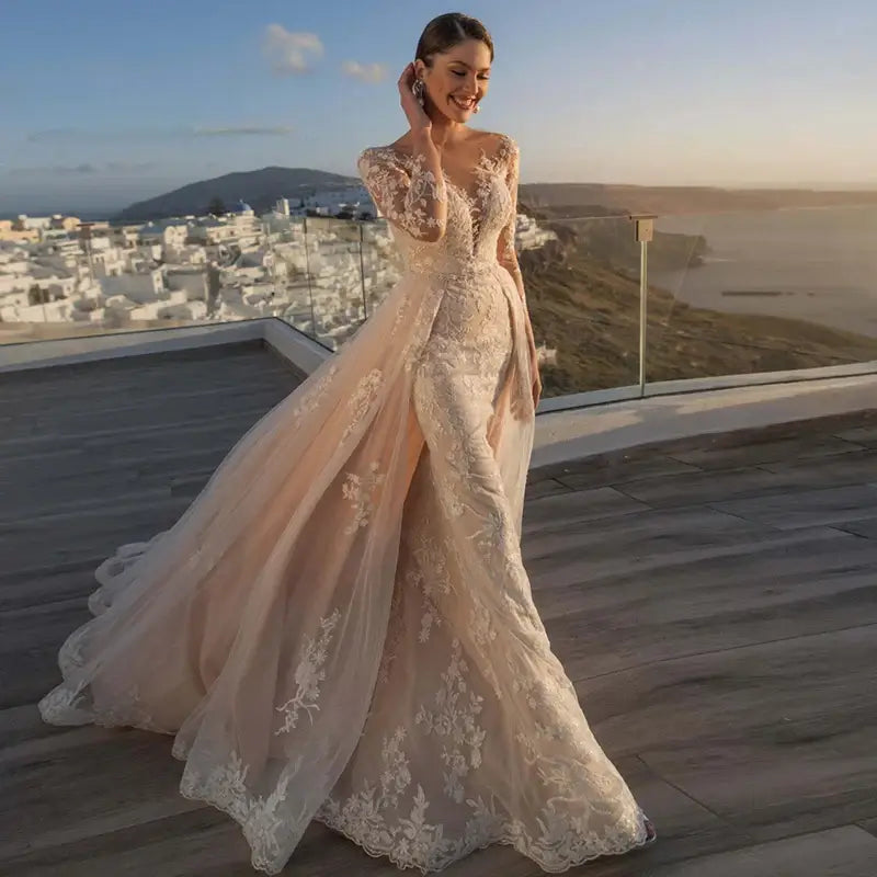 mermaid wedding dress detachable train Valentina with Sleeves- Looks Elegant LowStock:41557741043763 this dress adapts to Dress the Population Audrina Colour:Mocha Stripe