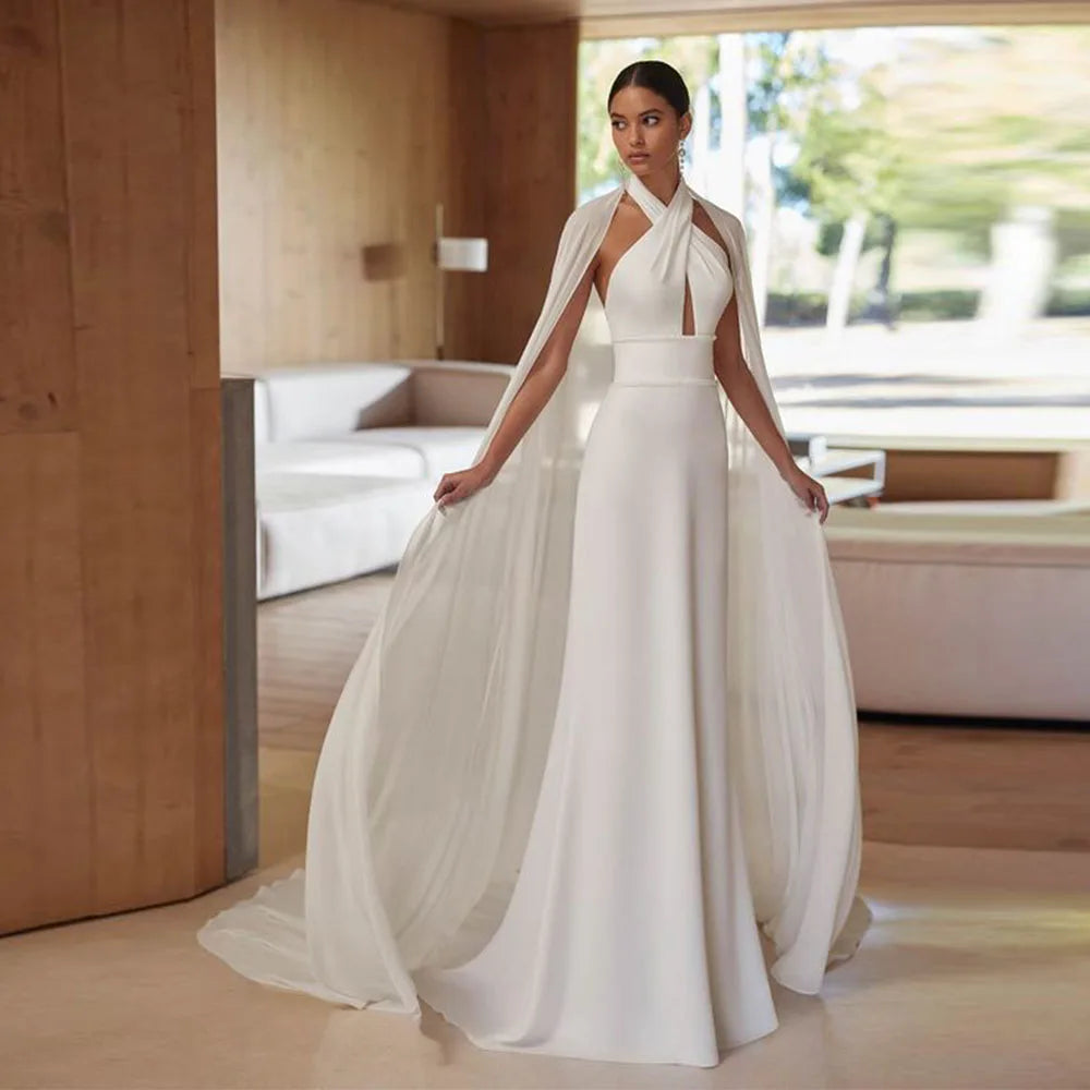 halter dress with cape Solène Custom Made Satin Mermaid Wedding Dress|Looks Elegant Configuration:Add Dresser & Mirror Wedding Guest ModelID: 232 Birthday Dress First Birthday