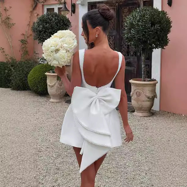 Sexy Dress Pleated Bow Pearl Backless Zipper- Looks Elegant Sexy Dress Pleated Bow Pearl Backless Zipper- Looks Elegant