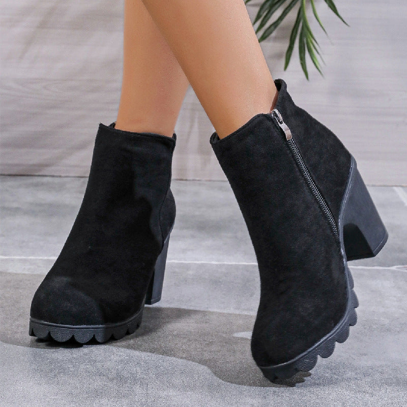 Women's Boots square heel elegant round toe with zipper waterproof