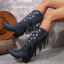 Women's Western Cowboy Boots Elegant Pointed Toe Chunky Heel Star Fringe