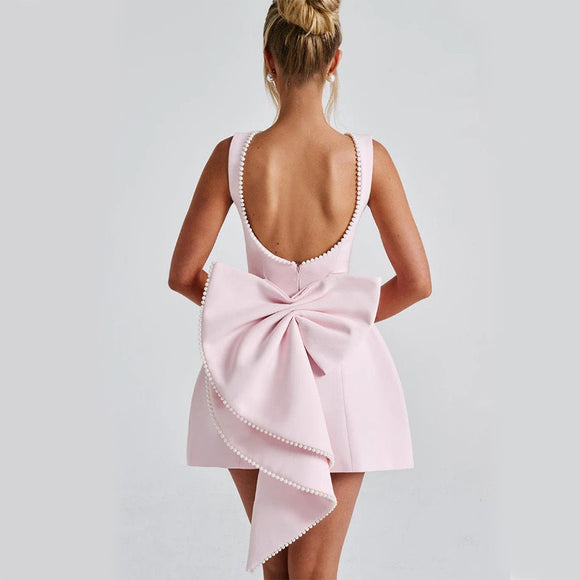 Sexy Mini Dress Women Big Bows Beads Elegant Backless Sleeveless Party Dress