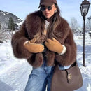 Women's Elegant Faux Fur Coat Shawl Collar Fluffy Plush Short Jacket-11