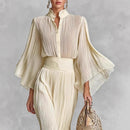 Women’s Sets Two-Piece Elegant Pleated Wide Sleeve Shirt and Maxi Skirt-3