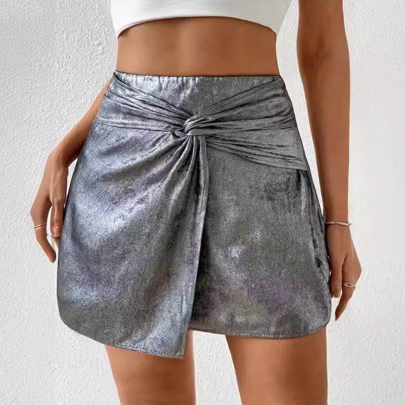 Women's mini skirt elegant pleated with bow metallic