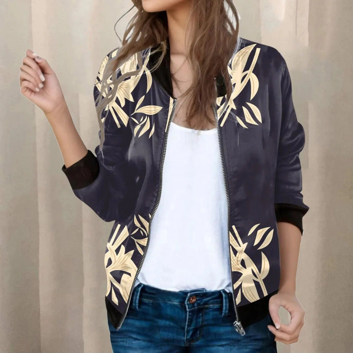 Women's jacket baseball elegant printed long sleeve zipper light