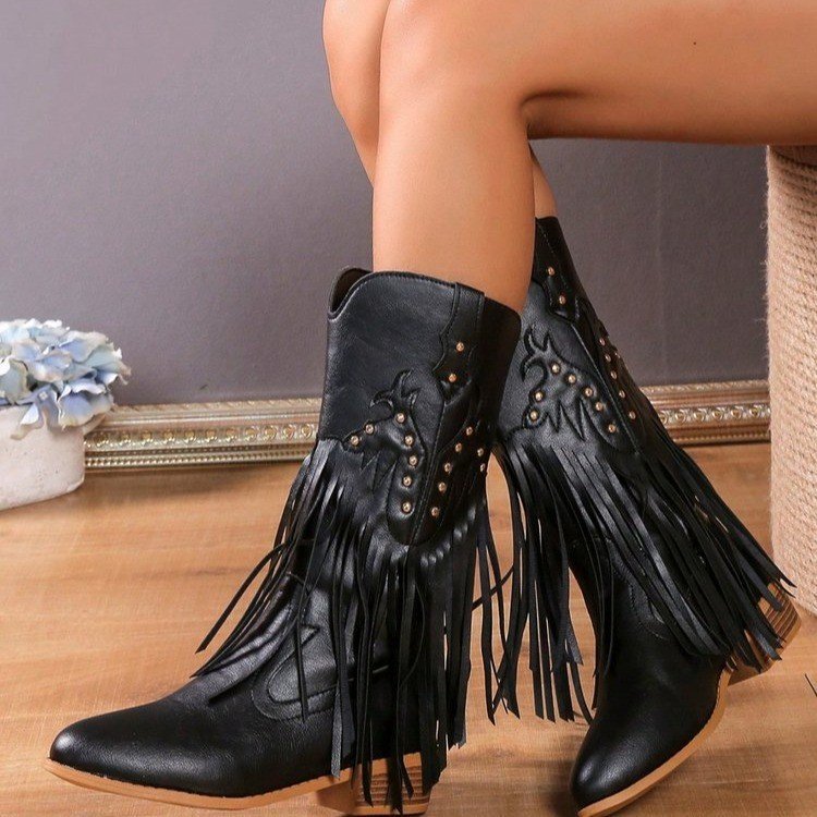 Women's  boots leather cowboy western denim tassel leisure specials