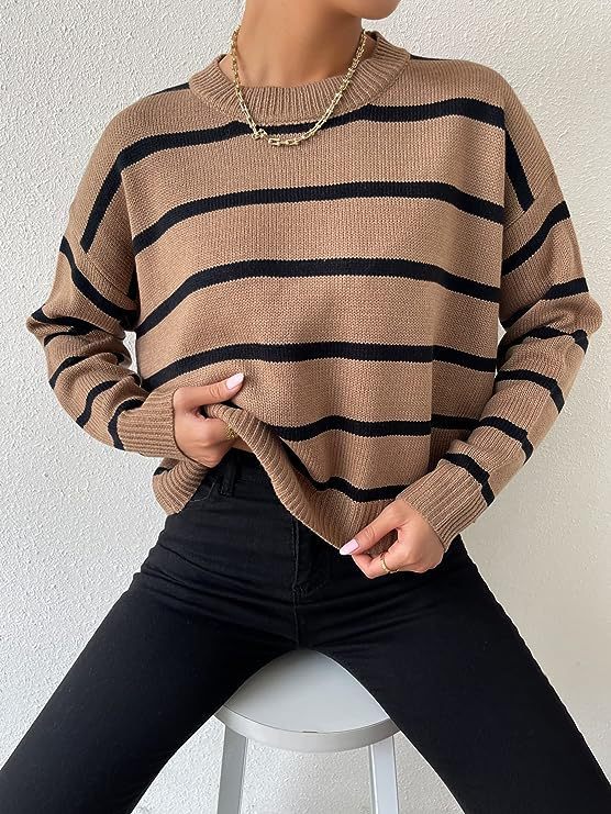 Women's sweater knitted striped elegant with long sleeves, round neck