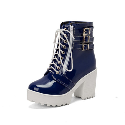 Buy blue Women's Ankle Boots elegant British Style Chunky High Heel Round Toe