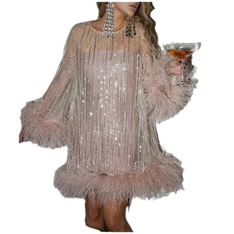 Women's mini dress party sequin plush shiny elegant glitter powder