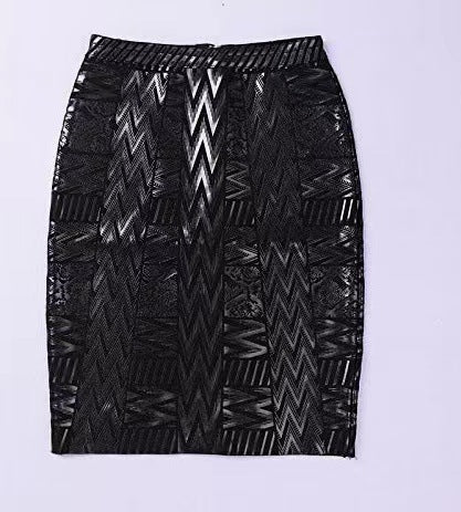 Women's black metallic leather bandage skirt, high waist skirt, sexy