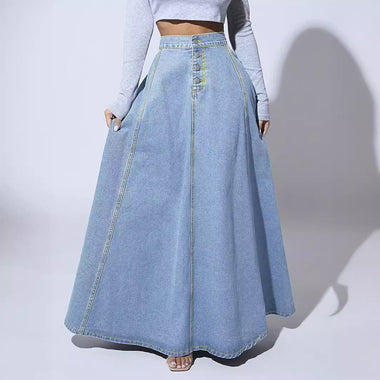 Women's long skirt in denim elegant pleated buttoned