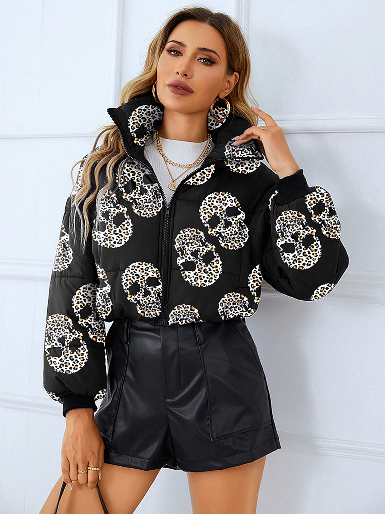 Women's jacket short puffy padded elegant high collar flower print