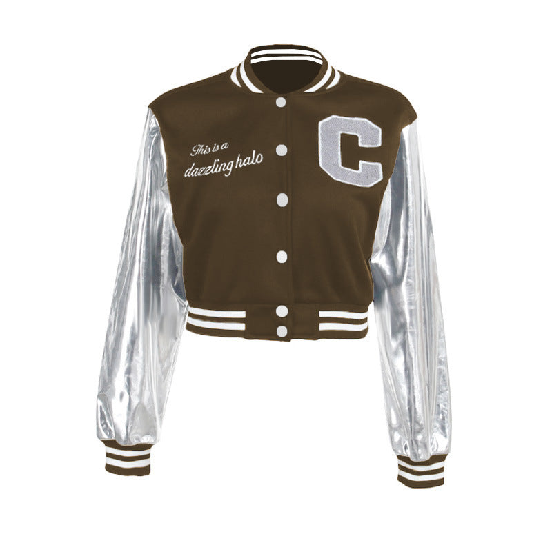 Women's jacket elegant metallic with letter embroidery in patchwork