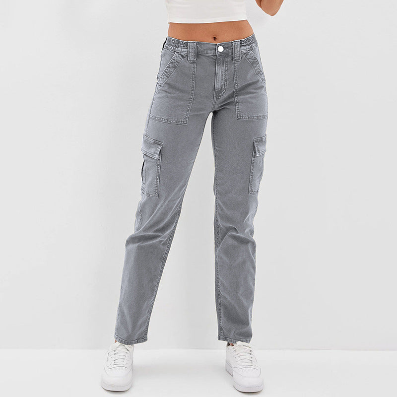 Women's jeans cargo high-waisted, pockets, slim straight jeans, casual
