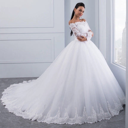 White wedding dress, elegant ,embroidered flowers, lace train