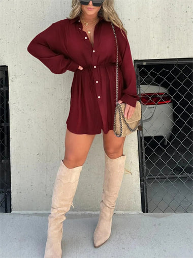 Elegant Satin Mini Dress Women Long-Sleeved Button-Up Chic Look