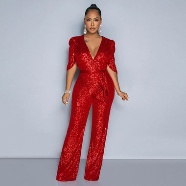 Women’s Jumpsuit Elegant Sequin V Neck Half Sleeve Slim Fit Party - 0