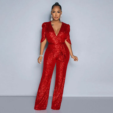 Jumpsuit slim fit sequin V neck half sleeves Party