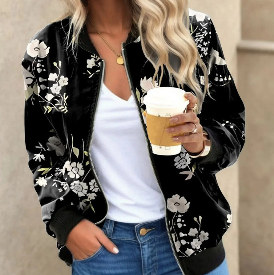 Women's jacket baseball elegant printed long sleeve zipper light