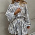 Elegant Boho Trapeze Dress women Printed with Puff Sleeves