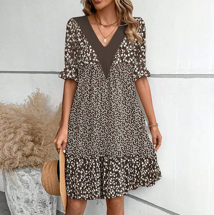 Women's Mini Dress loose short-sleeved V-neck elegant printed