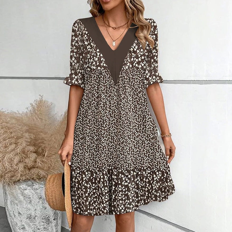 Women's Mini Dress loose short-sleeved V-neck elegant printed