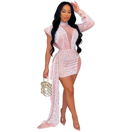Women's mini dress elegant sequined party, sexy, long sleeve, autumn