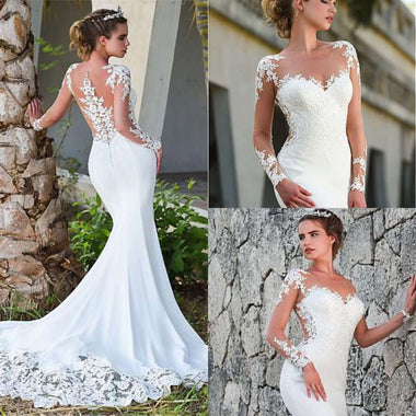 Mermaid Wedding Dress Lace Satin Simple Vintage Scoop Neck Full Sleeves