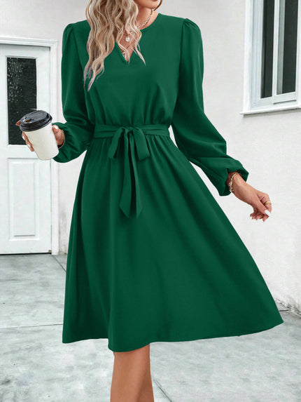 Women's dress trapeze, elegant long sleeve, solid belted, V neck