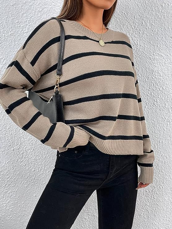 Women's sweater knitted striped elegant with long sleeves, round neck