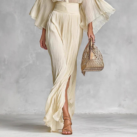 Women’s Sets Two-Piece Elegant Pleated Wide Sleeve Shirt and Maxi Skirt