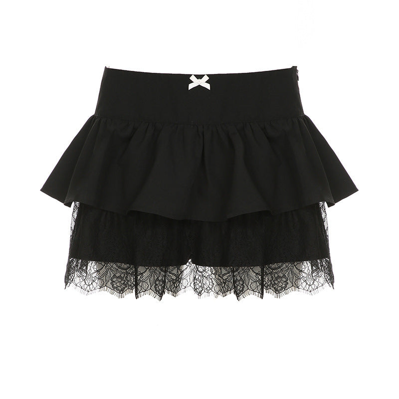 Women's mini skirt pleated overlay lace elegant sweet