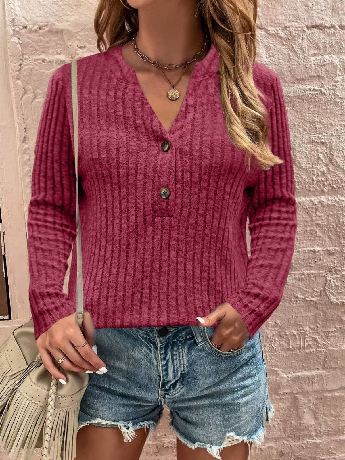 Women's sweater knitted fitted, sunken stripes, long sleeves, V-neck