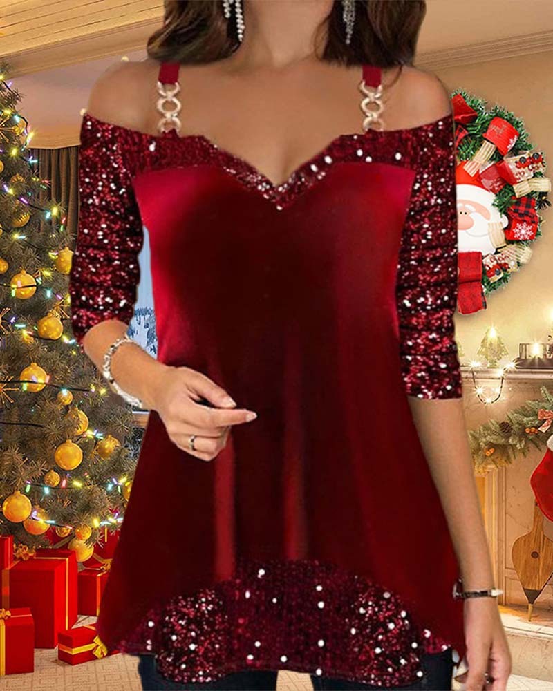 Women's T-shirt with sequin straps sparkling elegant V-neck