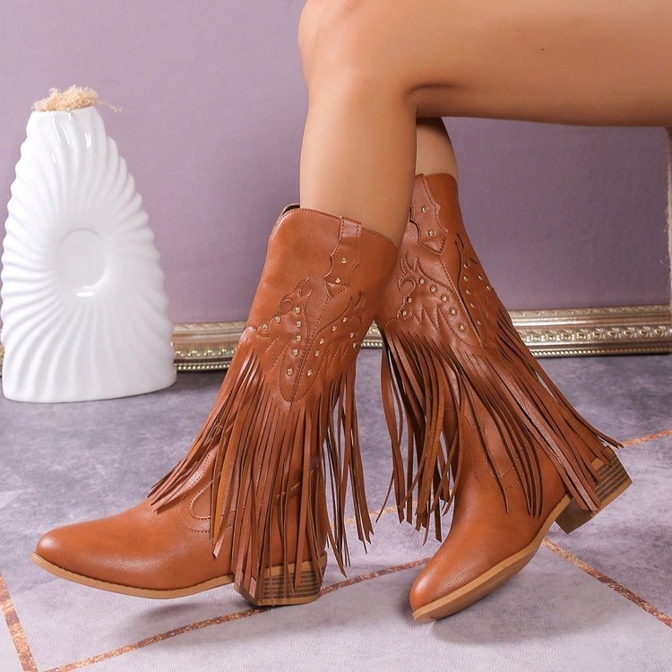 Women's  boots leather cowboy western denim tassel leisure specials