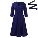 Women's dress pleated trapeze elegant V-neck belt work-8