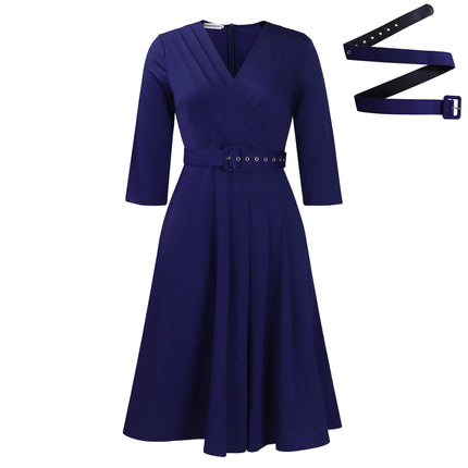 Buy dark-blue-belt Women's dress pleated trapeze elegant V-neck belt work