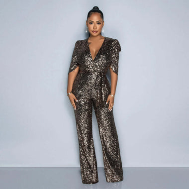 Jumpsuit slim fit sequin V neck half sleeves Party