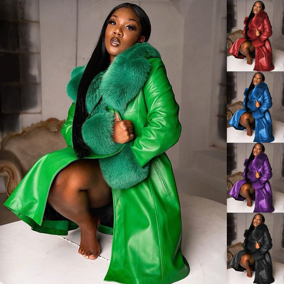 Women's coat leather fur collar elegant zipper polyurethane jacket