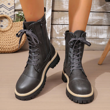 Acheter gris Bottes mi-mollet pour femme élégantes à lacets petit talon compensé confortables