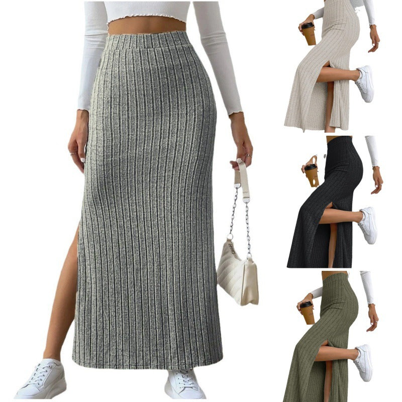Women's spring long skirt, side slit, slim fit, knitted skirt, casual