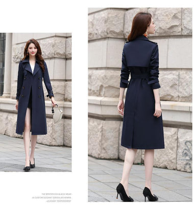 Buy black-with-lining Women's trench coat elegant over knee with belt double-breasted