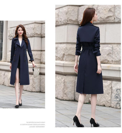 Buy black-with-lining Women's trench coat elegant over knee with belt double-breasted