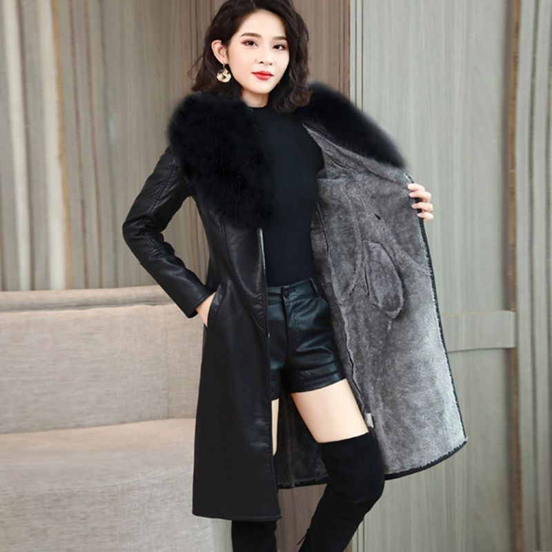 Women's coats PU leather elegant faux fur collar warm chic