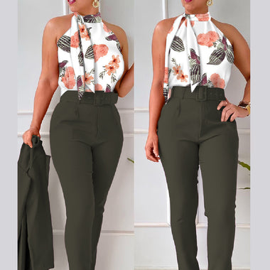 Women's Set Two Piece Pants Floral Top Halter High Waist 