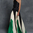 Women's Pleated Printed Long Dress, Strapless Contrast Stitching