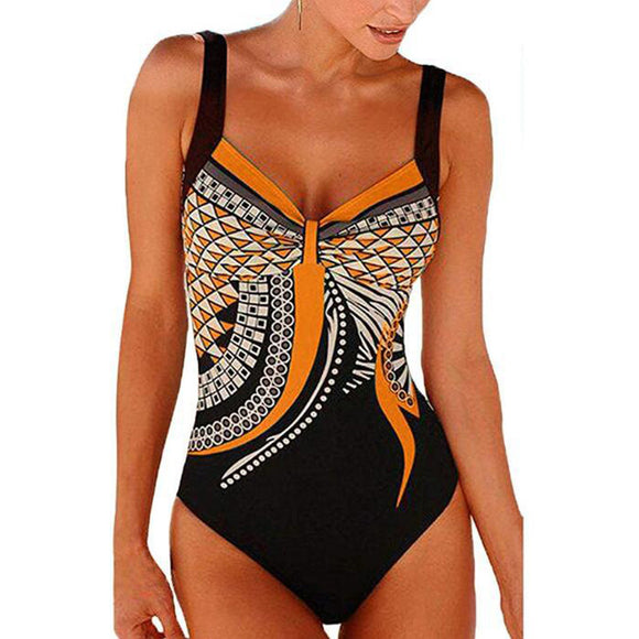 Women's swimsuit one-piece elegant strap retro printed