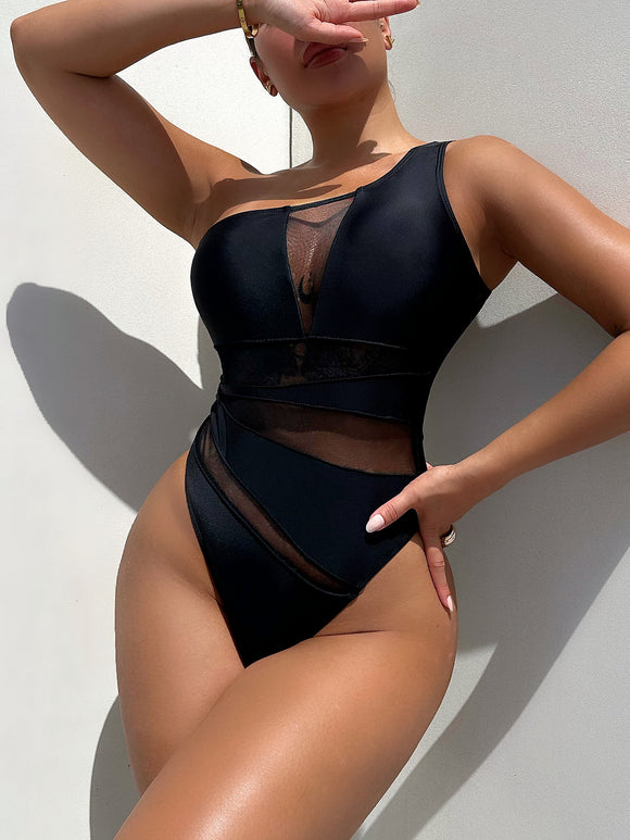 Women's swimwear one-piece elegant one shoulder splicing mesh